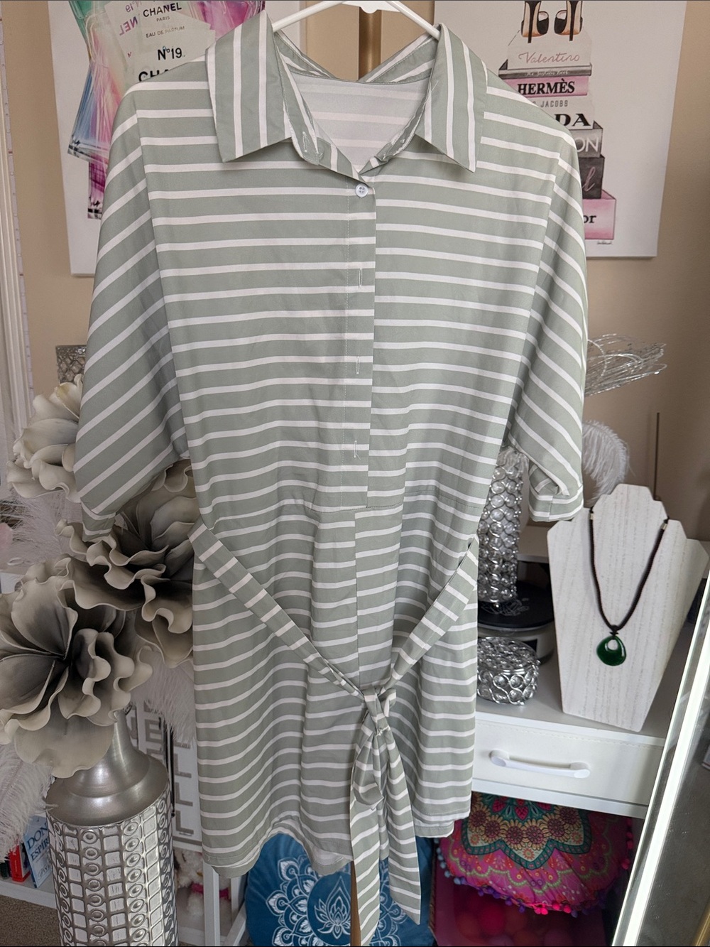 SHEIN Sage Green & White Striped Belted Shirt Jumpsuit